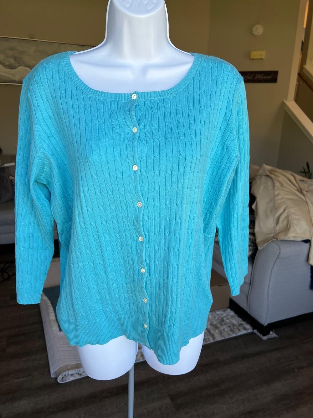 Eddie Bauer Turquoise Cotton Cable Knit 3/4 Sleeve Cardigan Sweater Size L #485
